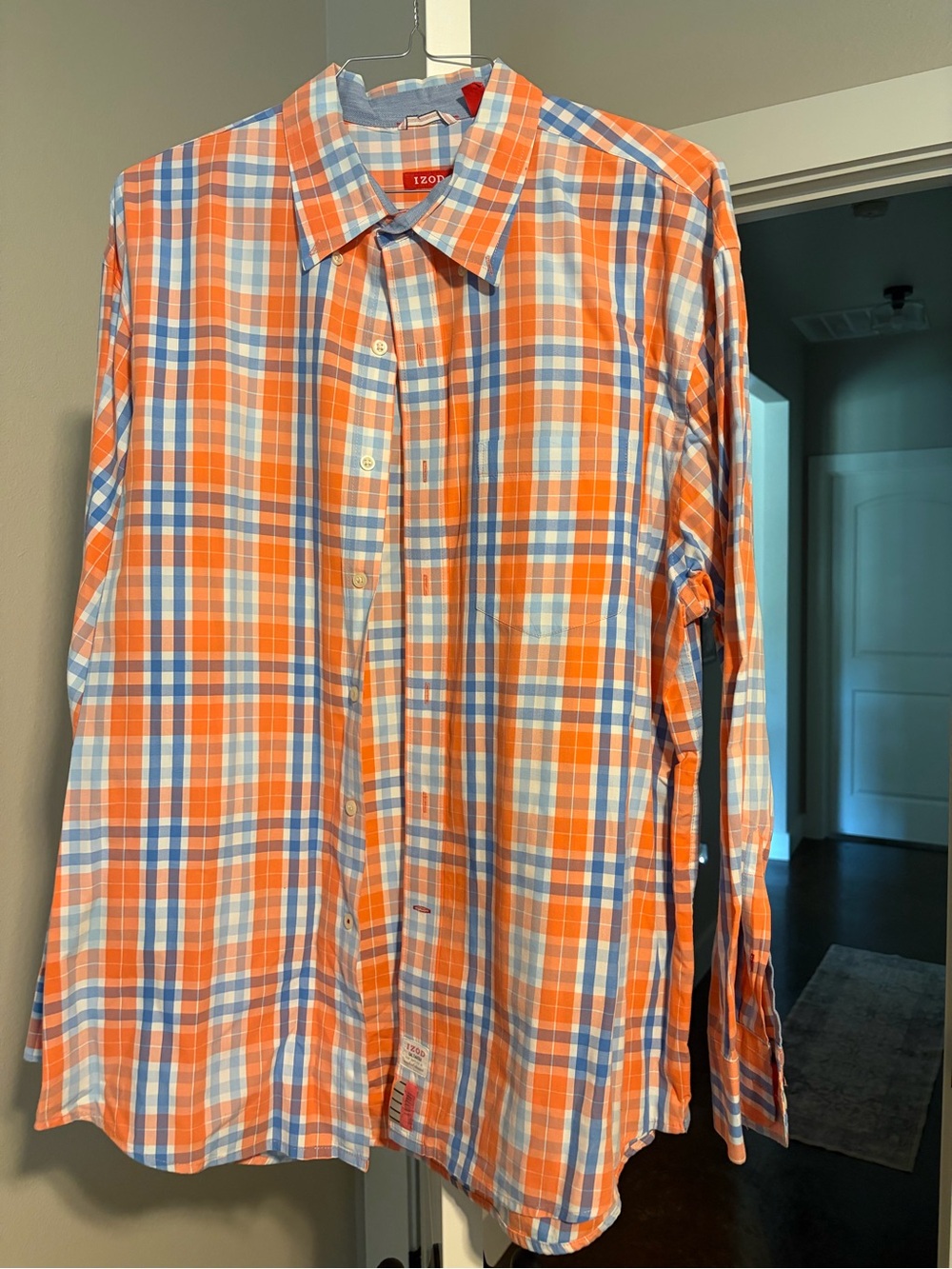 Izod Orange and Light Blue Plaid Long-Sleeve Button-Down Shirt